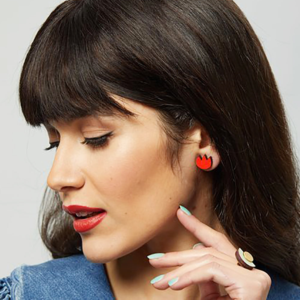 red wooden tulip earring on model