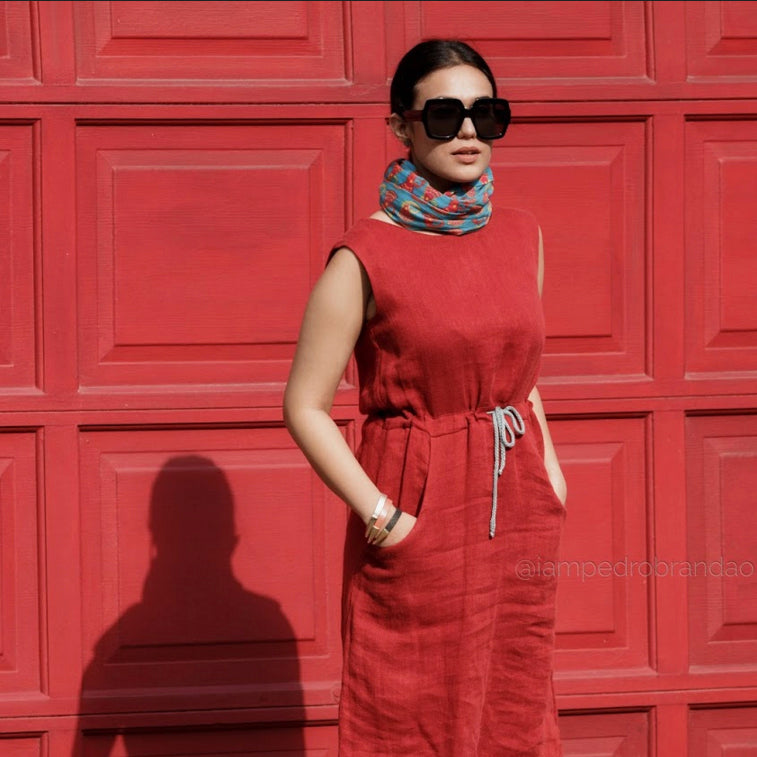 Drawstring Line Red Dress 