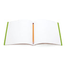 Open green notebook with pencil inside
